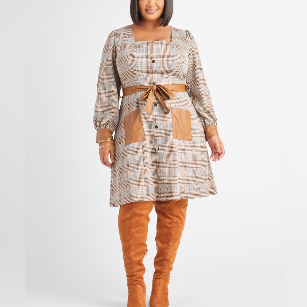 Faux Leather And Plaid A Line Dress